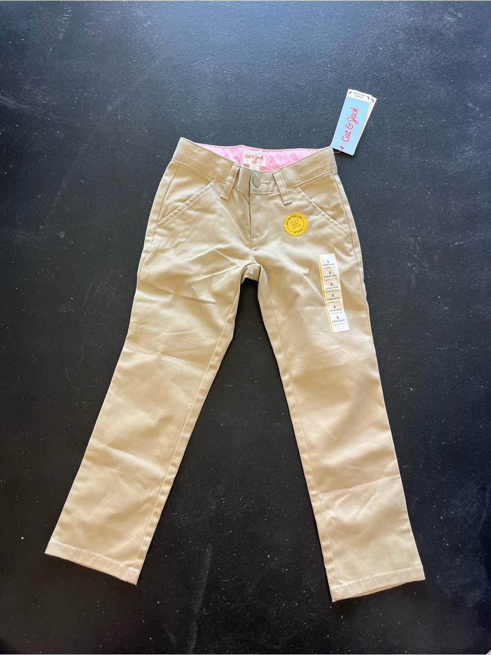 Cat & Jack Girls' Straight-Leg Pants - Tan with Pink Waistband